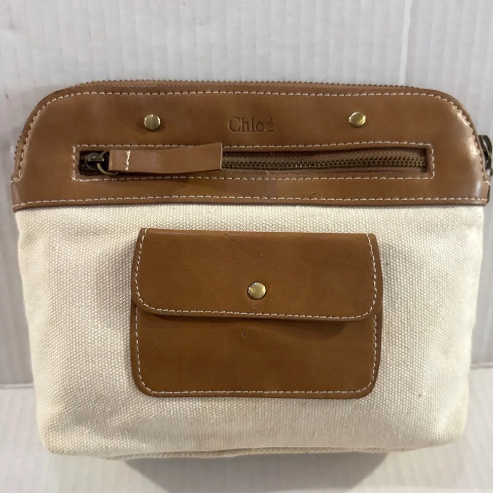 Chloe Canvas and Leather Cosmetic Pouch Cream Brown Zip Makeup Bag